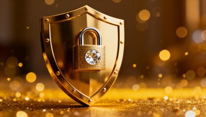Cyber security concept. 3D glowing digital shield with padlock icon representing data protection on futuristic blurred technology background. Internet safety and network defense concept.