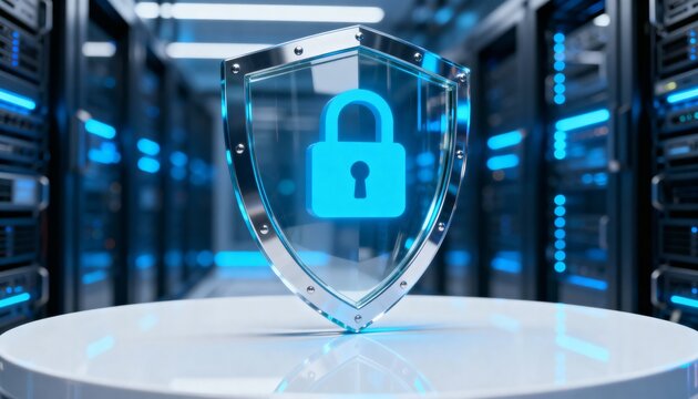 Cyber security concept. 3D glowing digital shield with padlock icon representing data protection on futuristic blurred technology background. Internet safety and network defense concept.
