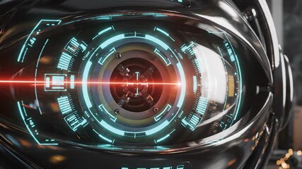 Close-up of a futuristic robot eye with a scanning red laser. A holographic HUD displays data and a targeting reticle. Artificial intelligence and advanced technology concept - Powered by Adobe