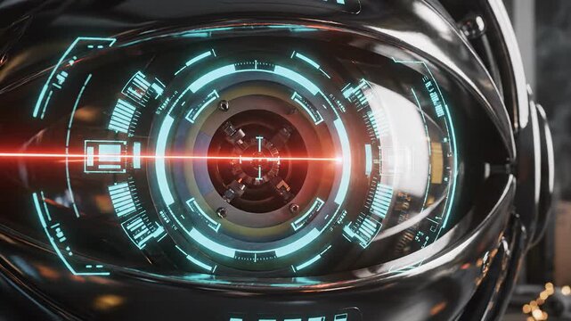 Close-up of a futuristic robot eye with a scanning red laser. A holographic HUD displays data and a targeting reticle. Artificial intelligence and advanced technology concept