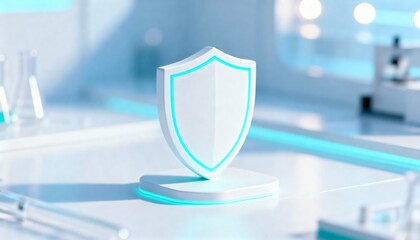 Cyber security concept. 3D glowing digital shield with padlock icon representing data protection on futuristic blurred technology background. Internet safety and network defense concept.