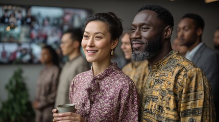 Coworkers enjoy global Christmas video wall in green plant lounge