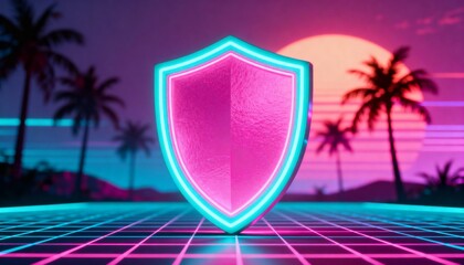 Cyber security concept. 3D glowing digital shield with padlock icon representing data protection on futuristic blurred technology background. Internet safety and network defense concept.