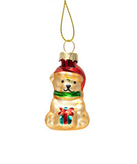Glass bear Christmas tree ornament with a gift, hanging on a string, isolated on a white background.