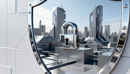 Cyber security concept. 3D glowing digital shield with padlock icon representing data protection on futuristic blurred technology background. Internet safety and network defense concept.
