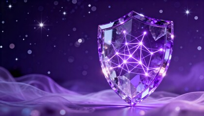 Cyber security concept. 3D glowing digital shield with padlock icon representing data protection on futuristic blurred technology background. Internet safety and network defense concept.