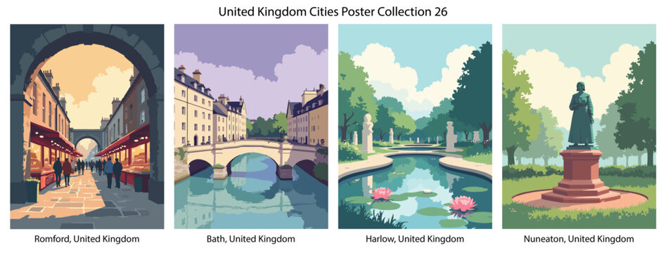Romford, United Kingdom, Bath, United Kingdom, Harlow, United Kingdom, Nuneaton, United Kingdom Flat Vector Poster Collection