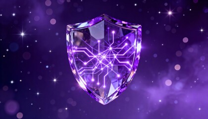 Cyber security concept. 3D glowing digital shield with padlock icon representing data protection on futuristic blurred technology background. Internet safety and network defense concept.