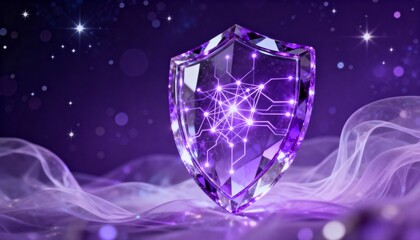 Cyber security concept. 3D glowing digital shield with padlock icon representing data protection on futuristic blurred technology background. Internet safety and network defense concept.