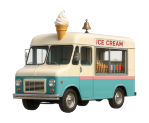 Classic ice cream truck featuring a serving window and jingle bell.