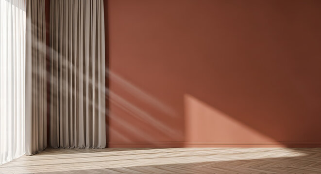 Empty Room Interior Terracotta Wall Wood Floor Curtains Sunlight Copy Space