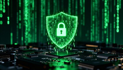 Cyber security concept. 3D glowing digital shield with padlock icon representing data protection on futuristic blurred technology background. Internet safety and network defense concept.