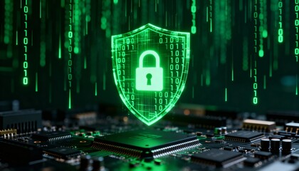 Cyber security concept. 3D glowing digital shield with padlock icon representing data protection on futuristic blurred technology background. Internet safety and network defense concept.