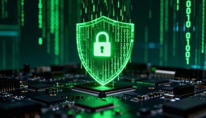 Cyber security concept. 3D glowing digital shield with padlock icon representing data protection on futuristic blurred technology background. Internet safety and network defense concept.