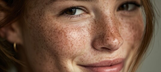 Fototapeta premium Close-Up Portrait of Freckled Teen Girl with Natural Makeup and Soft Lighting