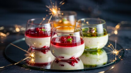Obraz na płótnie Canvas Four elegant layered panna cotta desserts with sparklers on mirrored tray