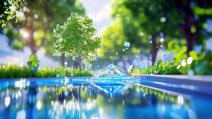 A lush green tree stands in a sun-drenched park, reflected in a shimmering pool of water, with abstract geometric shapes floating in the air.