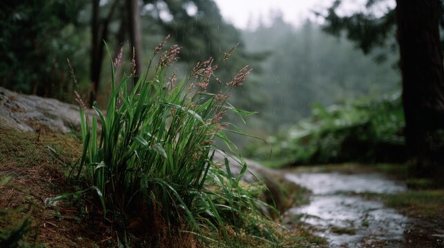 A close-up shot of grasses and wild flowers growing along the edge of an old forest path, a rainy day, with misty rain drops. The forest is visible in the background, with muted colors.