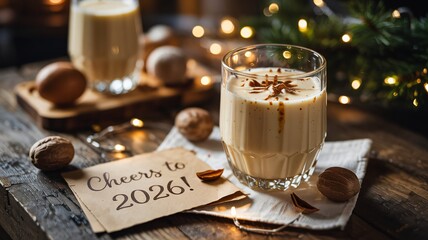 Cozy holiday eggnog drink with Cheers to 2026 message on wooden table