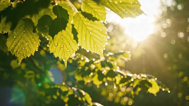 Sunlight filtering through green leaves on a tree branch.