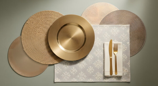 Gold Plate Cutlery Dining Table Setting Top View Copy Space