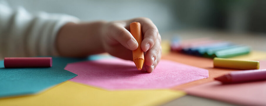Childs hand drawing with an orange crayon on colorful paper. Creative learning, childhood development, art therapy, playful exploration concept. - Powered by Adobe