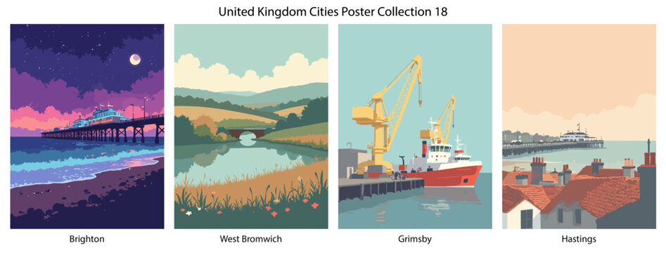 Brighton, West Bromwich, Grimsby, Hastings Flat Vector Poster Collection