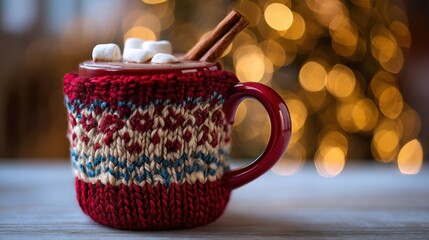 Red cocoa mug wrapped in fair isle knit cozy winter drink setup