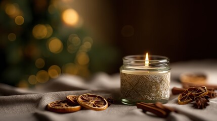 Refillable glass jar candle with dried oranges and cinnamon on linen