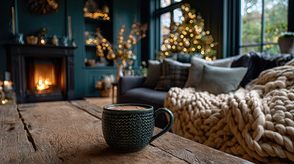 Cozy Christmas Holiday Living Room With Tree And Fireplace