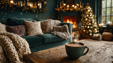 Cozy Christmas Holiday Living Room With Tree And Fireplace