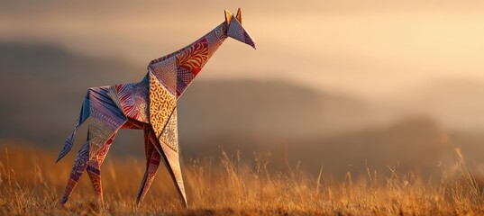 Origami Giraffe in African Savanna at Golden Hour with Tribal Patterns