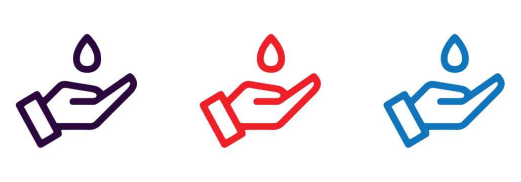 Water drop on hand icon set. Simple linear illustration of a hand catching a droplet, symbolizing water usage, purity, cleanliness, and hydration.