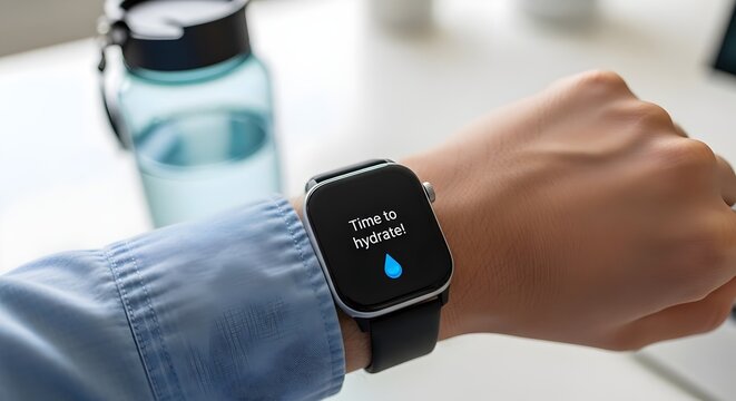 Smartwatch screen displaying Time to Hydrate notification reminder on wrist with water bottle background
