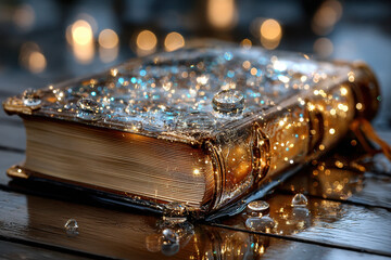 Naklejka premium Antique Book with Glowing Water Droplets on Wet Surface