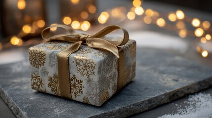 Snowflake-patterned gift box with gold ribbon on stone surface