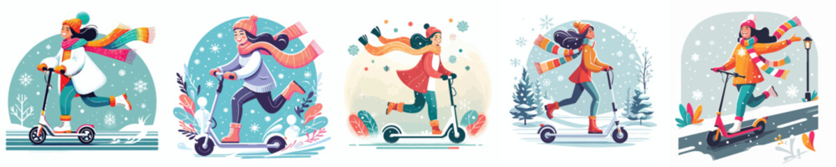 a woman riding an electric scooter in the snow