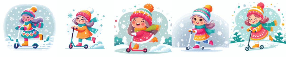 a little girl riding an electric scooter in the snow