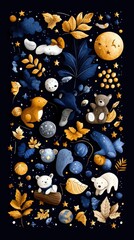 A charming and whimsical pattern featuring teddy bears, moons, stars, and autumn leaves against a dark night sky.