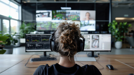 Woman Monitoring Security and Data Analytics on Multiple Computer Screens in Modern Office Environment

