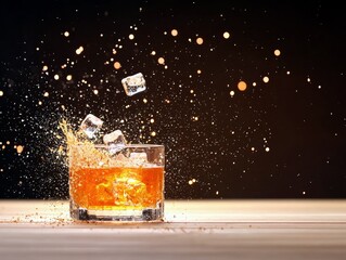 A glass of whiskey with ice cubes is splashing, with bokeh lights in the background.