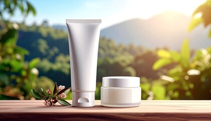 Two white cosmetic containers, a tube and a jar, are placed on a wooden surface with a soft focus background of lush green nature and mountains.