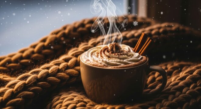 Indulge in a steaming mug of cocoa topped with whipped cream and cinnamon on a snowy day, offering warmth and comfort during the winter season - Powered by Adobe