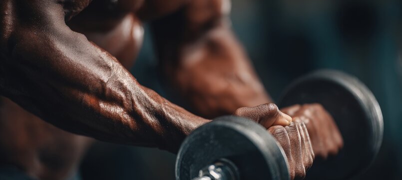 Close-Up of Muscular Forearms Gripping Dumbbell in Fitness Detail Photography