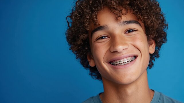 Close-up Portrait of Teen Boy Smiling with Braces Against Blue Background