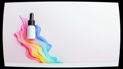 A white dropper bottle with a black cap rests on a flowing, abstract fabric that transitions through the colors of the rainbow.