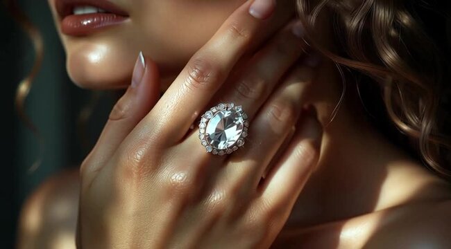 Woman showcasing elegant ring while posing in soft natural light  