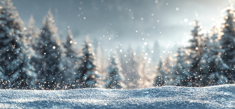 Snowy winter wonderland with pine trees and gentle snowfall, festive backdrop with space for product or text placement