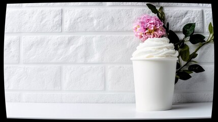 A white paper cup filled with whipped cream is placed on a white shelf in front of a white brick wall, with a pink flower and green leaves to the side.