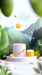 A stylized scene featuring white podiums, one with an orange upward trending graph and checkmarks, set against a backdrop of soft mountains and lush green folia
